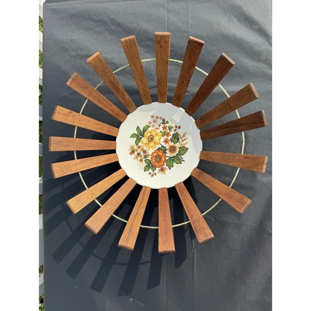 Vintage  MCM Slatted Teak Wood Fruit Bowl w/ Hand-Painted Porcelain Base Basket